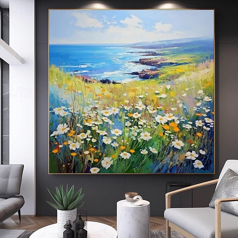 Hand painted Extra Large Floral Seascape Painting Oversized Abstract Home wall art Textured Landscape Paintings Decorative Paintings Living Room Art (No Frame)