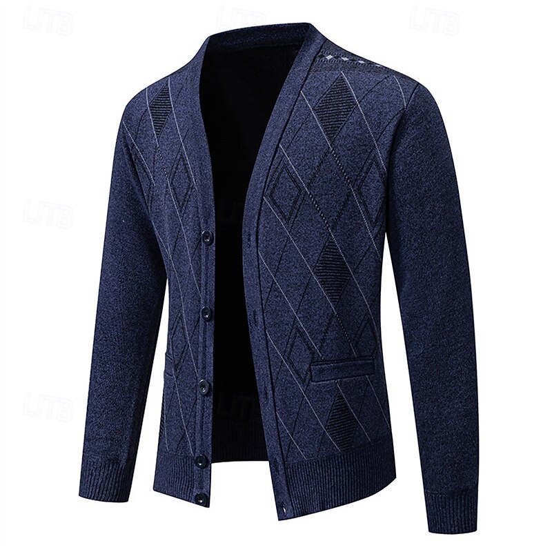 Men's Cardigan Sweater Cropped  Sweater Knit Sweater Mens Dress Sweaters Ribbed Knit Regular Button Up Side Pockets Argyle V Neck Fashion Classic Daily Wear Date Clothing Apparel Fall & Winter Navy3