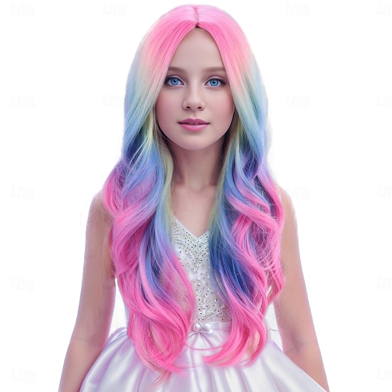 Child Kids Colorful Wigs Long Curly Wavy Wig for Girls Kids Rainbow Wig Colored Synthetic Cosplay Party Halloween Wigs