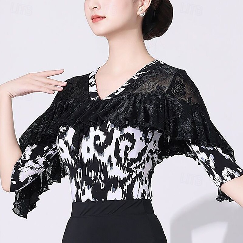 Latin Dance Top Lace Printing Pure Color Women's Performance Training Half Sleeve High Polyester2