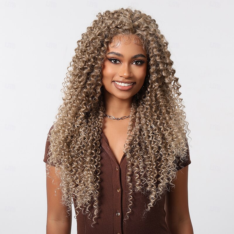 Synthetic Lace Wig Curly Style 28 inch Light Brown Middle Part 13x6 Lace Front Wig Women's Wig Light Brown4