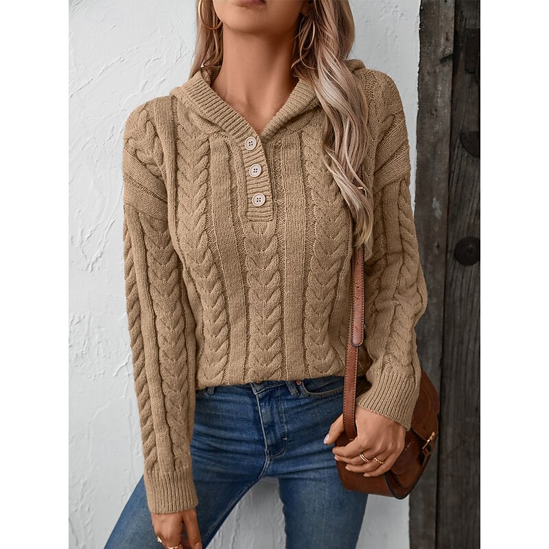 Women's Sweater Casual Solid Color Hooded Knitted Long Sleeve Regular Tops Knit Weekend Pink Khaki Fall Winter2