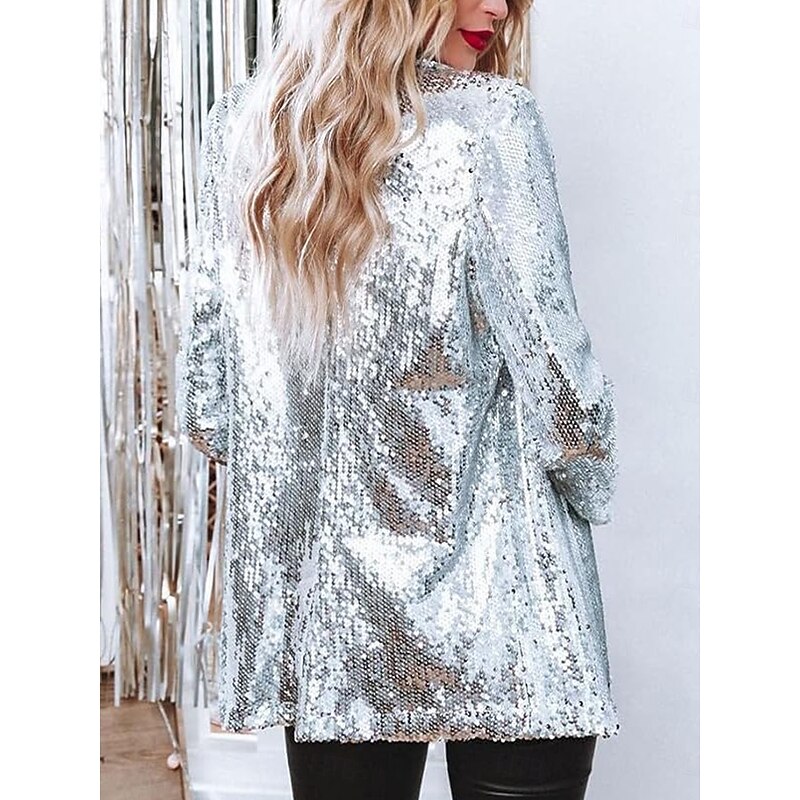 Women's Coat Wedding Guest Sequin Solid Color Comfortable Fashion Regular Fit Outerwear Long Sleeve Spring Silver S2