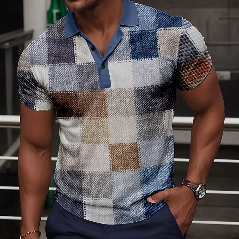 Men's Plaid Golf Shirt Short Sleeve Polo Shirts Collared Shirts Vintage Casual Vacation Wear Formal Wear Festival Wear Buttons 3D Print Summer Blue Sky Blue Claret-red