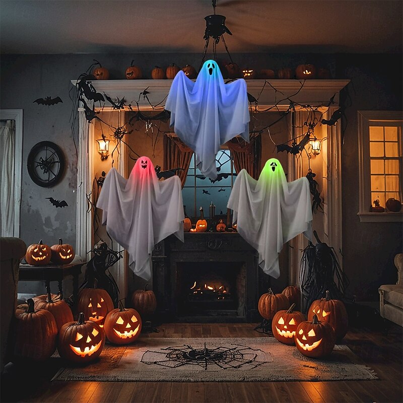 3pcs Halloween Decorations Lighted White Ghost LED Lights Hanging Lighted Ghost Horror Decor Door Hanging Haunted House Halloween Party Scene Layout Props2