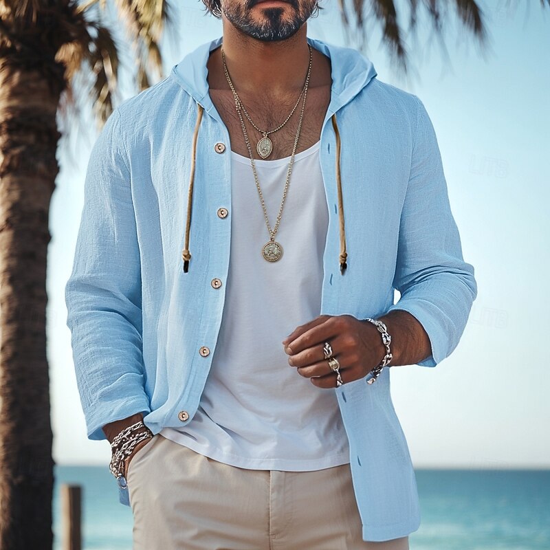 Men's Shirt Linen Shirt Beach Wear Button Up Shirt Hooded Shirt Plain Vacation Curise Black White Green Khaki Long Sleeve Hooded Spring & Summer Clothing Apparel Buttons