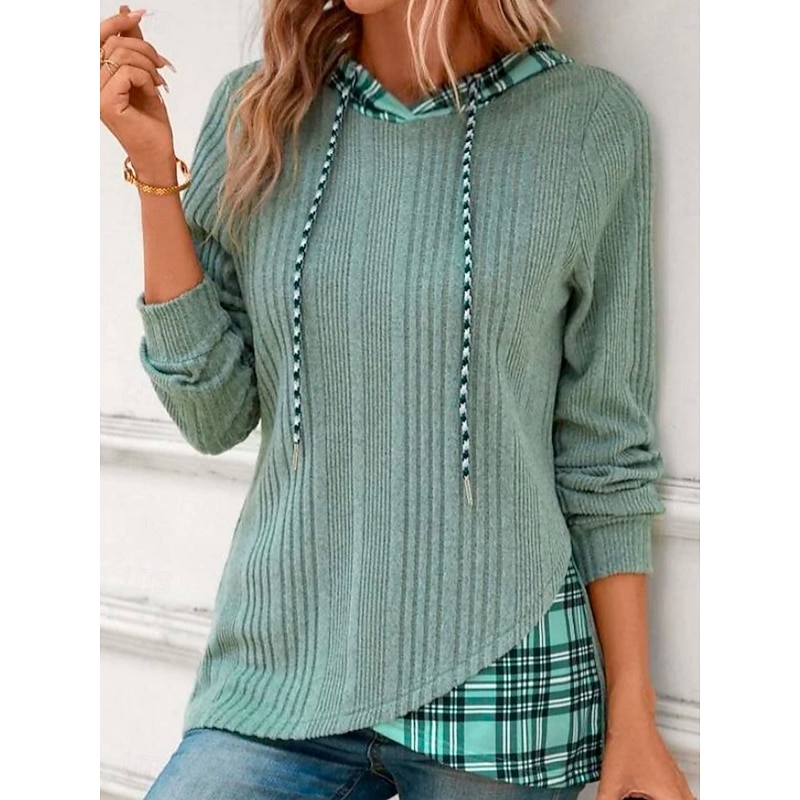 Women's Hoodie Sweatshirt Casual Street Dailywear Hoodie Patchwork Print Long Sleeve Green Fall Winter