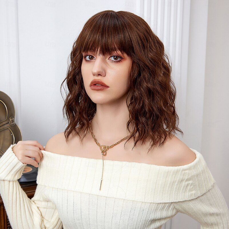 Cosplay Costume Wig Curly Bouncy Curl Bob Neat Bang With Bangs Wig 14 inch sepia Synthetic Hair Women's Elastic Adorable Comfortable Brown3