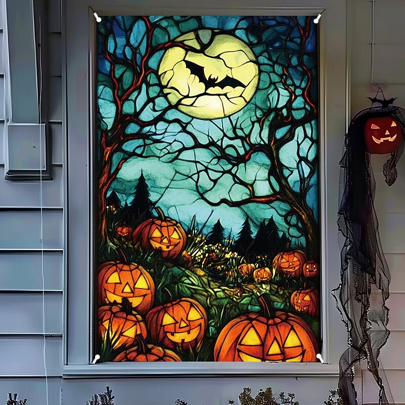 Halloween Window Cover Decorations, Fabric Stained Glass Pumpkin Halloween Curtain Poster Window Door Covering Decor for Haunted House, Scary Halloween Window Clings Decals Indoor Outdoor4