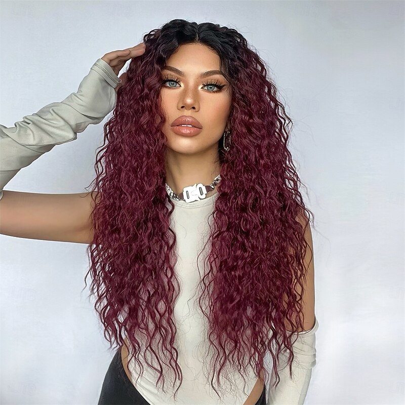 Synthetic Lace Wig Curly Style 26 inch Brown with Golden Highlights Middle Part 13x5x1 Lace Front Wig Women's Wig Black / Red4