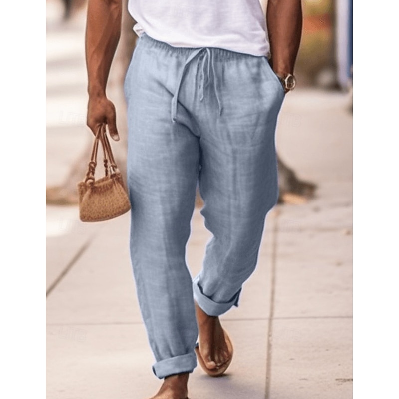 Men's Linen Pants Trousers Summer Pants Drawstring Elastic Waist Plain Comfort Soft Full Length Daily Going out Beach Fashion Simple Navy Blue Sky Blue Micro-elastic
