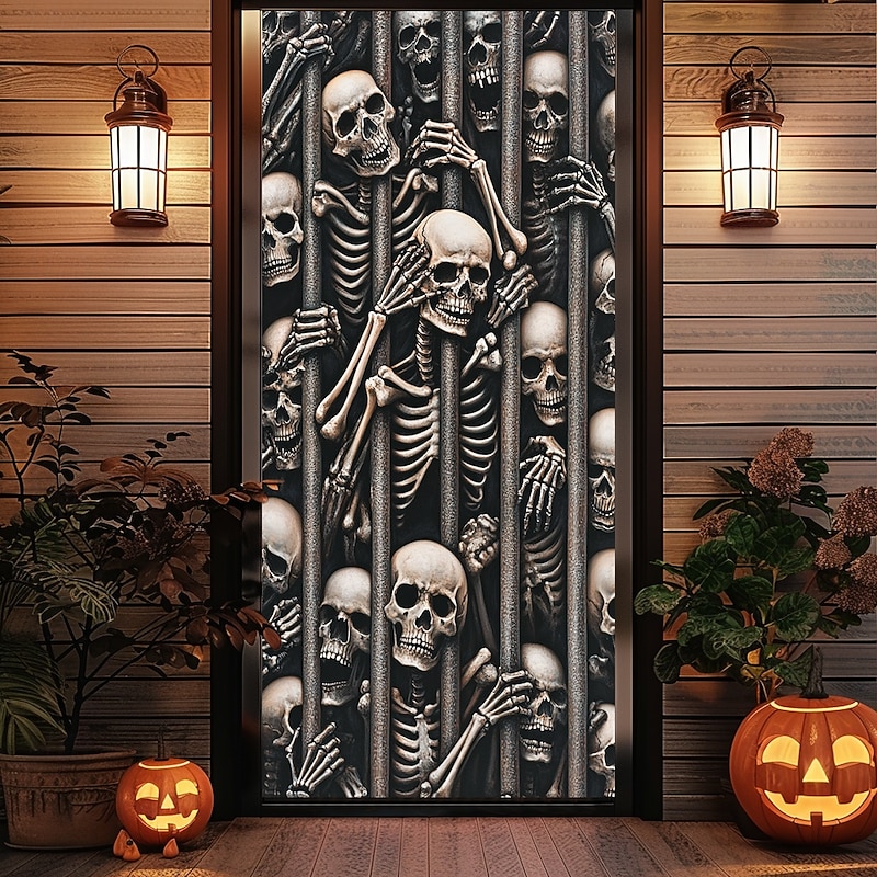 Halloween Skeletons Door Covers Door Tapestry Door Curtain Decoration Backdrop Door Banner for Front Door Farmhouse Holiday Party Decor Supplies4