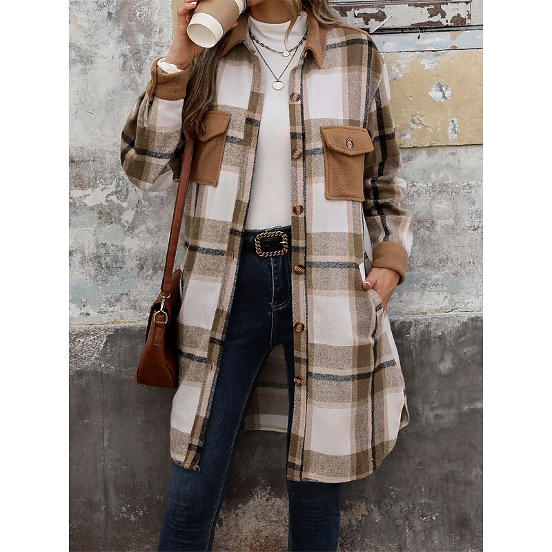 Women's Coat Outdoor Street Daily Wear Fall Winter Regular Coat Regular Fit Thermal Warm Breathable Stylish Casual Jacket Long Sleeve Stripes and Plaid with Pockets Coffee3