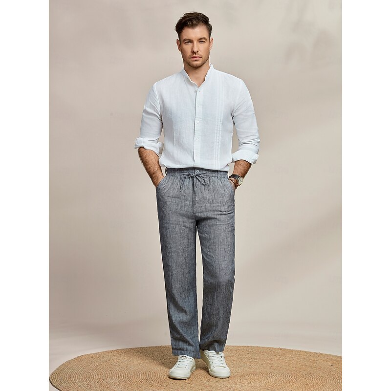 Men's 100% Linen Pants Trousers Casual Pants Drawstring Elastic Waist Straight Leg Plain Comfort Breathable Casual Daily Holiday Fashion Classic Style Dark Gray4