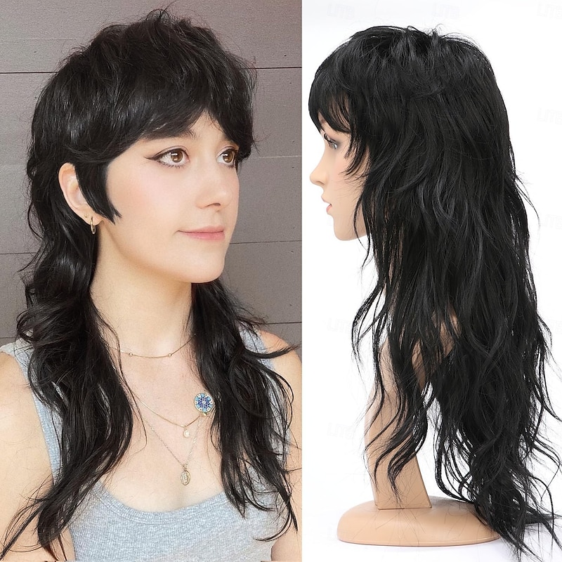 80s 90s Mullet Wigs Pixie Cut Wigs with Bangs for Black Women, Wolf Wig Wavy Long Synthetic Split Wigs with Fringe Mullet Wig for Women Long Cosplay wig Halloween Wigs2