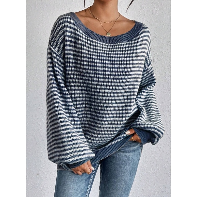 Women's Sweater Stylish Graphic Chunky One Shoulder Boat Neck Off Shoulder Stripe Long Sleeve Long Tops Knit Work Daily Navy Blue Fall Winter4