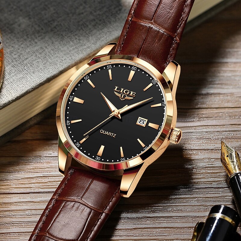 LIGE Men Quartz Watch Business Date Waterproof Leather Strap Watch3