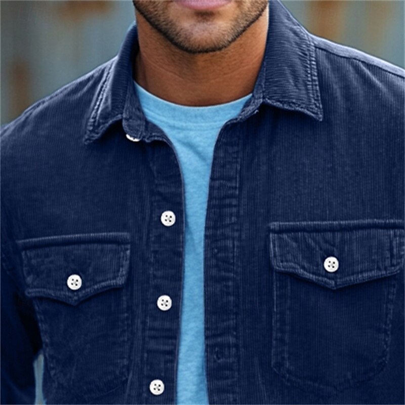 Men's Shirt Button Up Shirt Casual Shirt Corduroy Shirt Black Dark Navy Beige Long Sleeve Plain Collar Daily Vacation Clothing Apparel Fashion Casual2