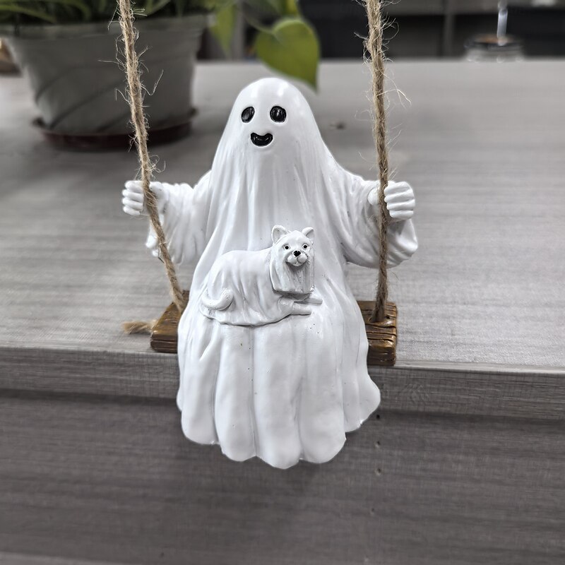 Ghost and Dog Swinging Resin Ornament 2025 Halloween Yard Decoration Spooky Swinging Ghost and Dog Statue3