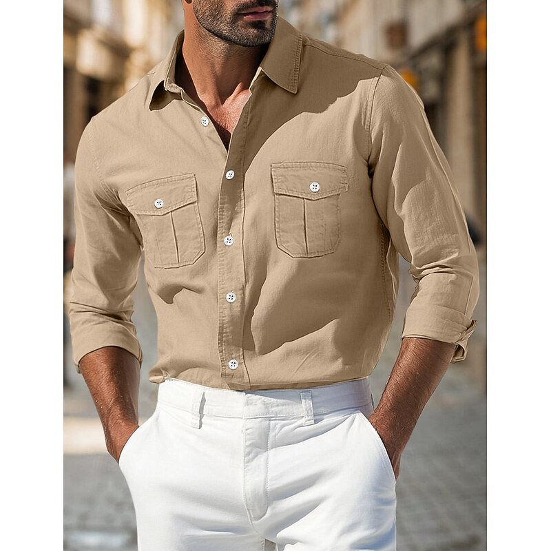 Men's Shirt Casual Shirt Button Up Shirt Black White Light Green khaki Army Green Long Sleeve Plain Collar Vacation Daily Clothing Apparel Fashion Casual