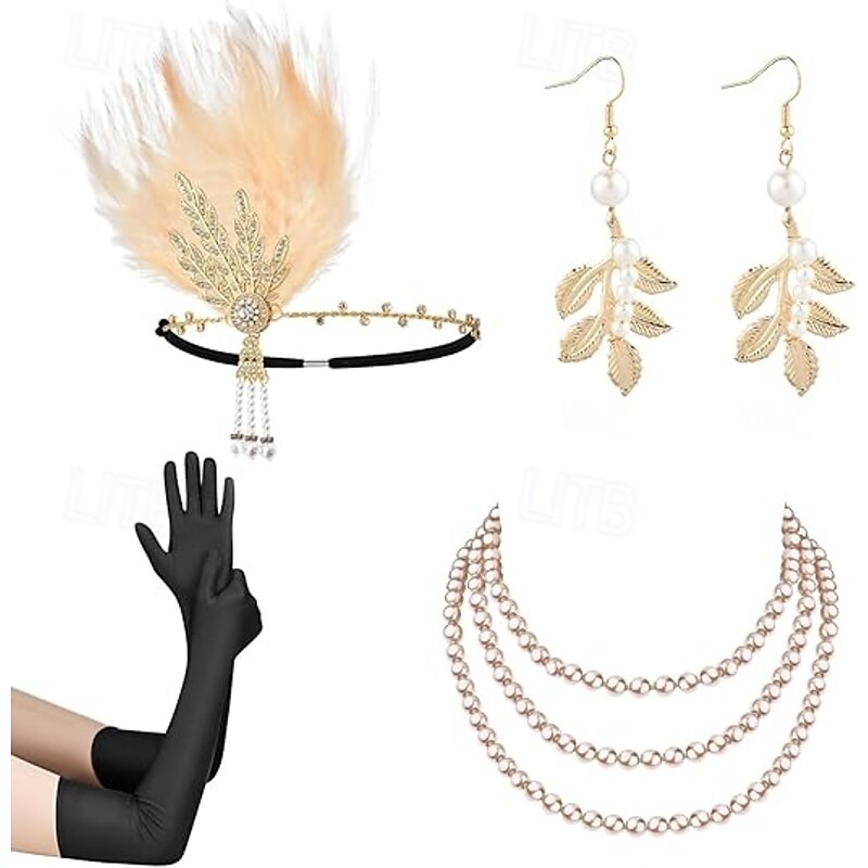 Vintage 1920s The Great Gatsby Flapper Headband Accesories Set Charleston Wedding Guest Feather Fashion Fancy Dress Women's Masquerade Wedding Reception Bachelorette Party Festival Adults' 1 Fan4