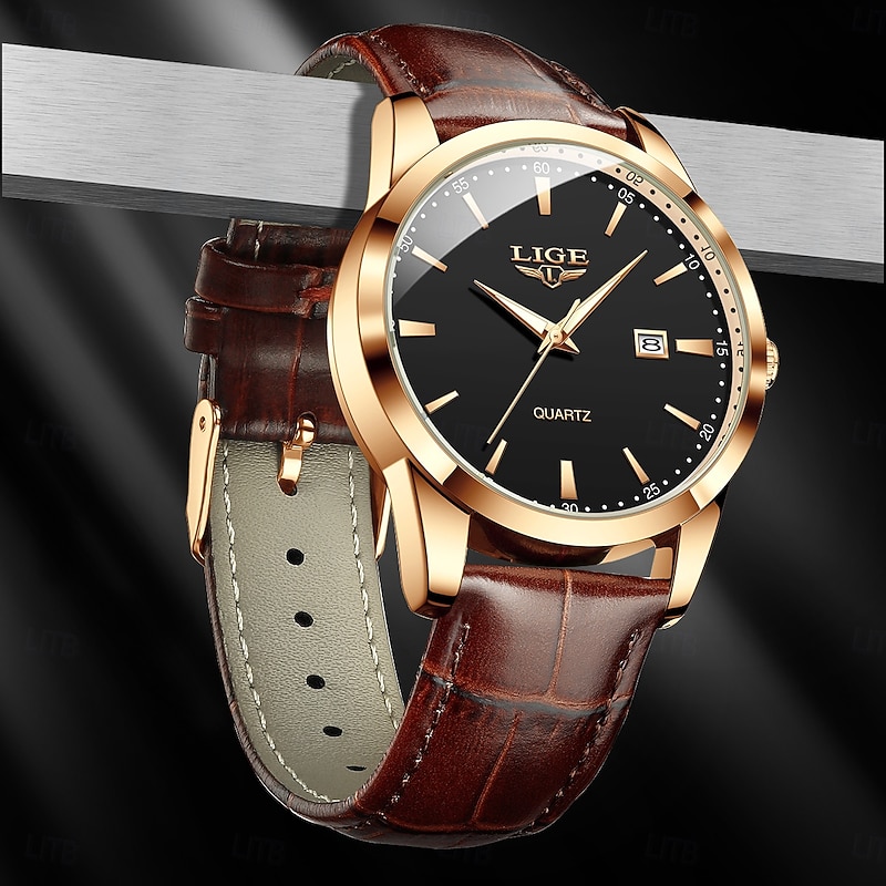 LIGE Men Quartz Watch Business Date Waterproof Leather Strap Watch2