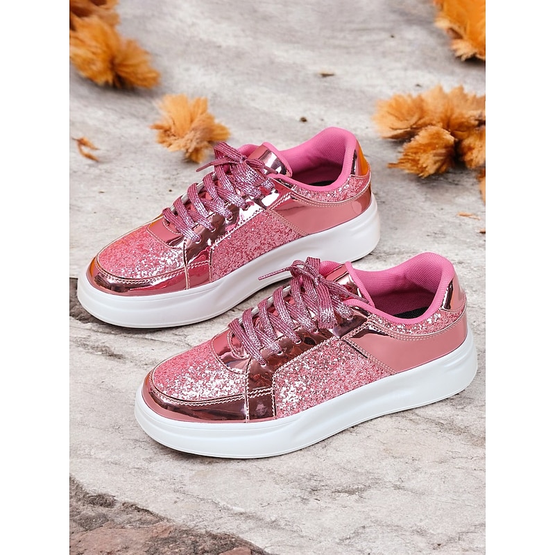 Women's Silver Glitter and Metallic Sneakers – Trendy Lace-Up Shoes for Parties and Casual Wear2