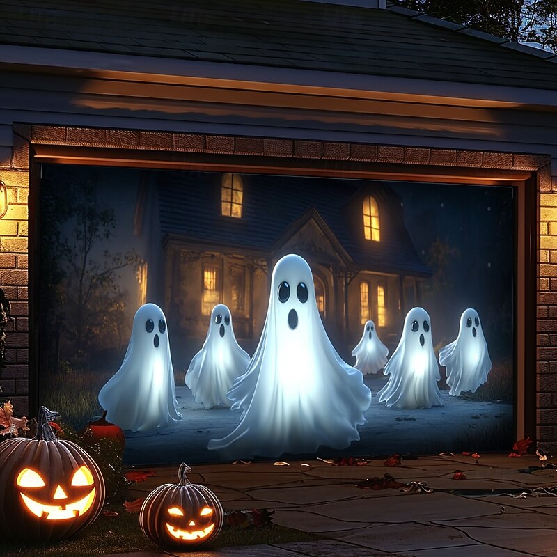 Halloween Door Decorations Outdoor Halloween Garage Door Cover Ghosts Banner Pumpkin Skeleton Outside Large Backdrop Decoration for Holiday Outdoor Garage Door Home Wall Decorations 17