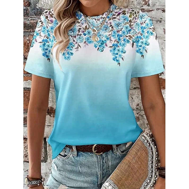 Women's T Shirt Casual Print Short Sleeve Regular Tops Daily Black Pink Blue Sky Blue Summer4