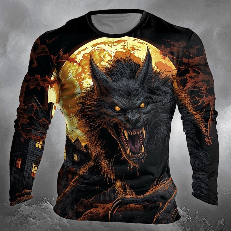 Halloween Men's Werewolf T Shirt Long Sleeve T shirt 3D Print Crew Neck Shirt Designer Retro Vintage Street Casual Daily Black Summer Spring Fall Clothing Apparel S M L XL XXL XXXL