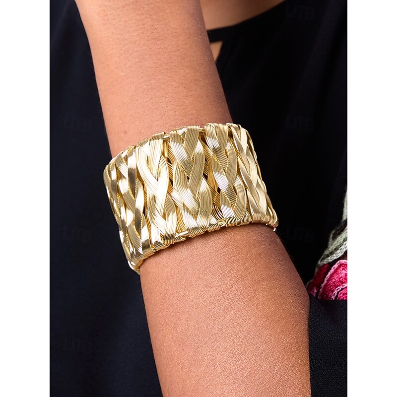 Elegant Gold Alloy Woven Cuff Bracelet for Women - Stylish Statement Jewelry for Parties and Special Occasions