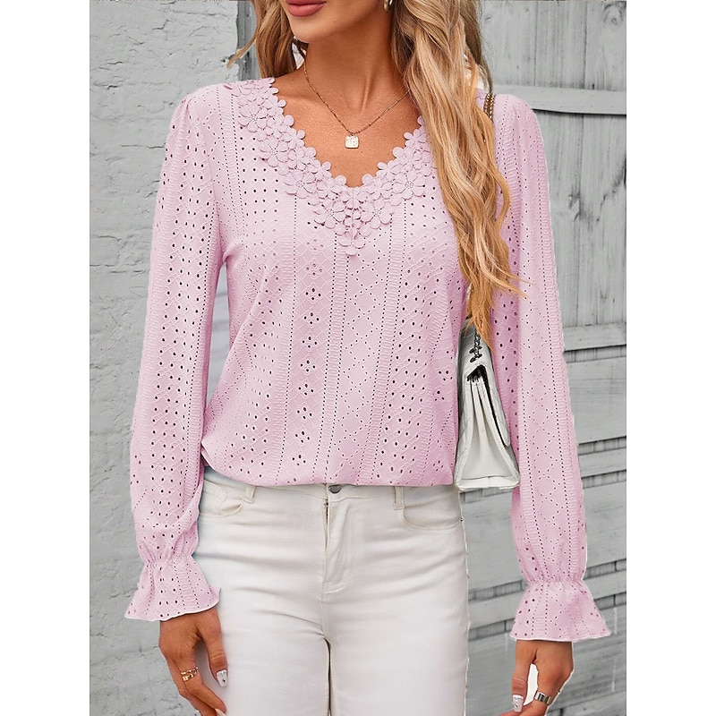 Women's Elegant Lace Tops Eyelet Blouse Solid Color Lace Eyelet Flutter Sleeve Long Sleeve Regular Tops V Neck Daily Romantic Petite Tops Summer Holiday Wear Pink Blue Purple Green Spring Fall