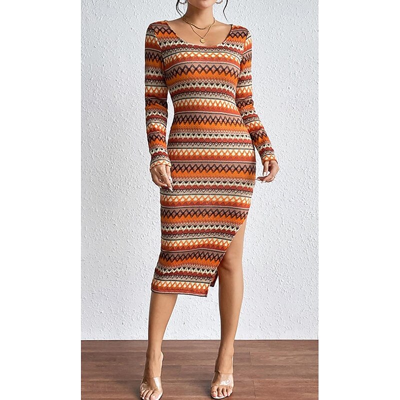 Women's Midi Dress Vintage Dress Boho Dress Elegant Retro Casual Daily Holiday Loose Fit Graphic Geometric Long Sleeve Crew Neck Orange Spring Fall