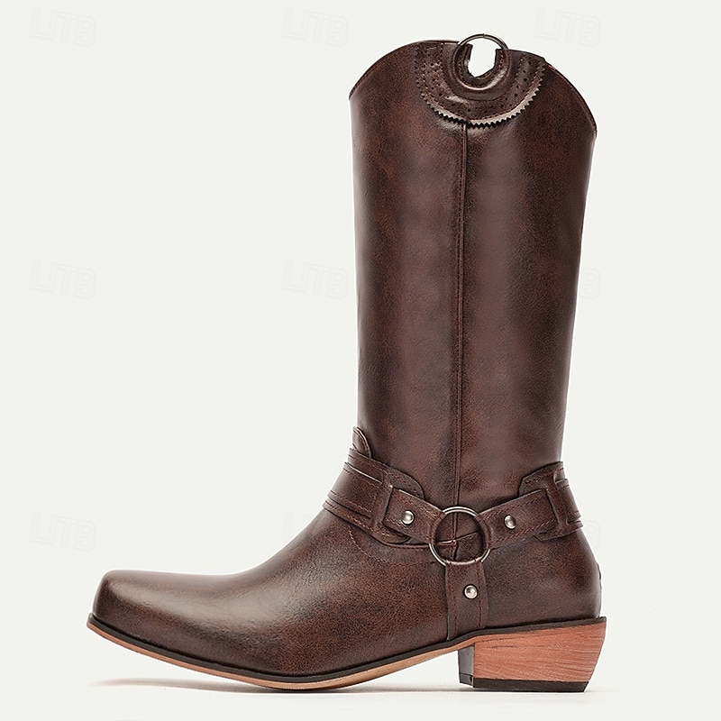 Men's Brown Faux Leather Western Motorcycle Riding Boots - Classic Style with Harness Detail for Equestrian and Casual Wear2