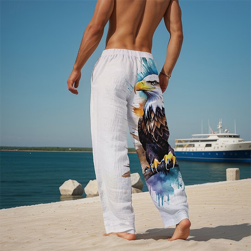 Men's Eagle Mid Waist Hawaiian Casual Casual Holiday Straight Leg Trousers Summer Spring 3D Print White2