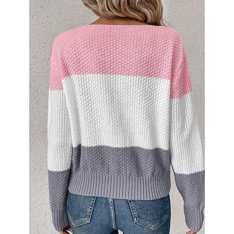 Women's Sweater Casual Color Block Cable Crew Neck Knitted Long Sleeve Regular Tops Knit Daily Pink Spring Fall2