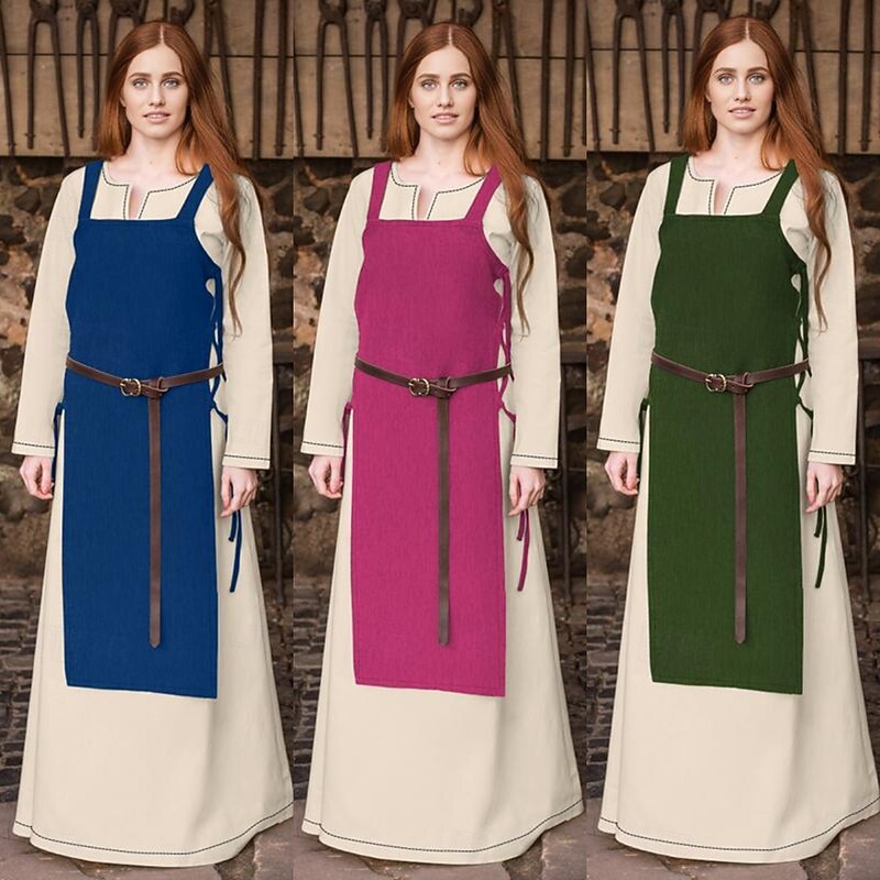 Women's Medieval Viking Apron Overdress with Laced Back Tunic Dress Set 2 PCS Outfits for LARP Ren Faire Renaissance Fair Party Carnival Halloween Dress (Without Belt)