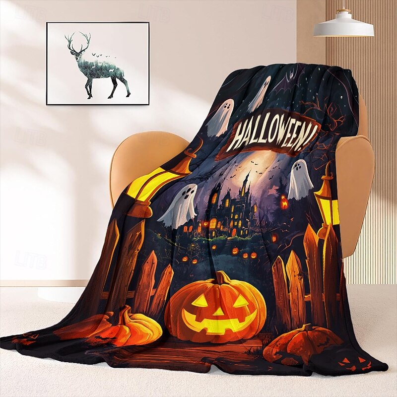 Halloween Decoration Jack O' Lantern Pumpkin Throw Blanket - Soft and Cozy Fleece with Festive Pumpkin Design - Perfect for Halloween Decor and Keeping Warm4