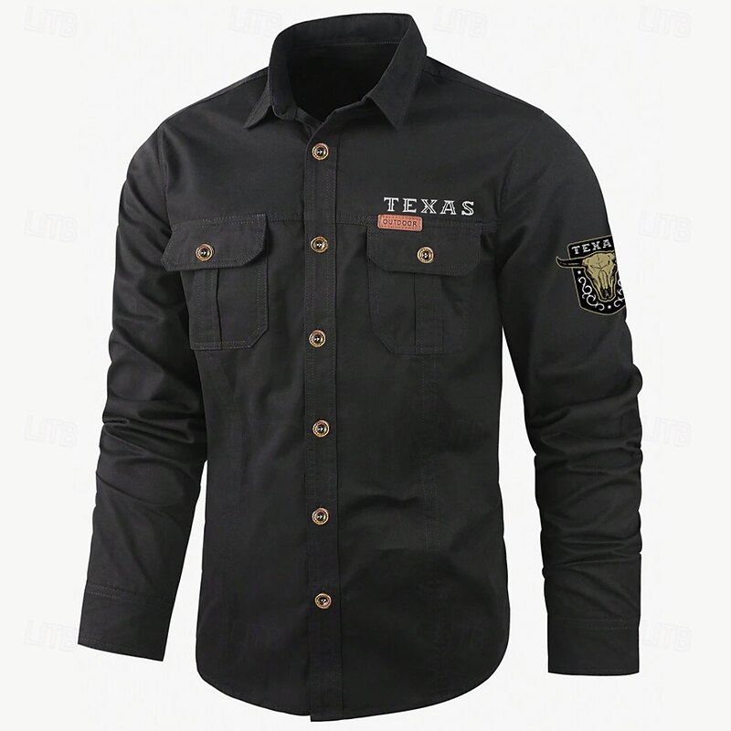 Men's Texas Cow Print Work Shirt Western Shirt Cargo Shirt Long Sleeve Casual Tactical Sports & Outdoor Going out Winter Spring &  Fall Turndown Print Black Army Green Khaki Beige2
