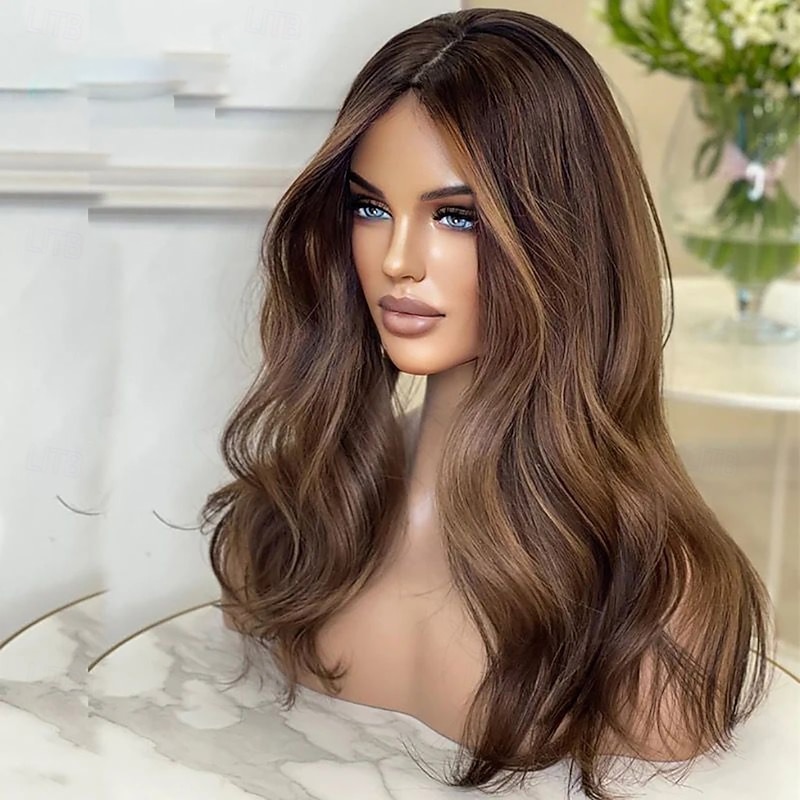 Remy Human Hair 13x4 Lace Front Wig Middle Part Brazilian Hair Wavy Brown Wig 130% 150% Density with Baby Hair Highlighted / Balayage Hair Glueless For Women Long Human Hair Lace Wig4