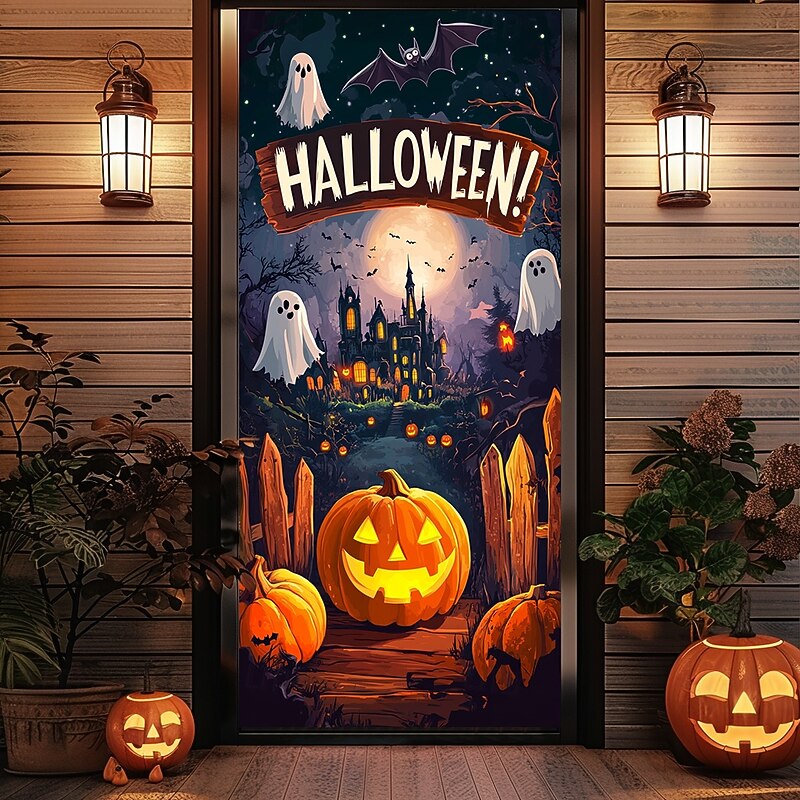 Halloween Door Decorations Halloween Door Covers Jack O Lantern Pumpkin Door Curtain Door Tapestry Decoration Backdrop Door Banner for Front Door Farmhouse Holiday Party Indoor Outdoor Decor Supplies3