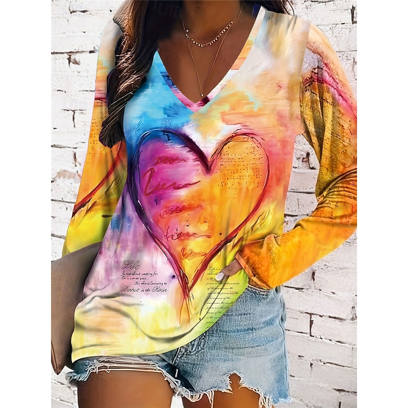 Women's T shirt Long Sleeve V Neck Long Sleeve Tunic Casual Print Regular Tops Daily Yellow Pink Blue Spring & Fall Prefall