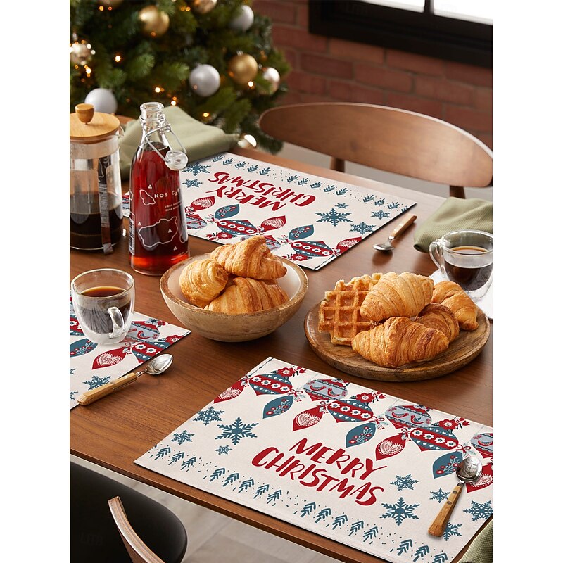 4pcs/set Christmas Placemats – Cotton and Linen Seasonal Winter Xmas Table Mats with Snowman & Reindeer Design for Outdoor Indoor Home Party Kitchen Dining Decor, 30x45cm (12x18 Inch)3