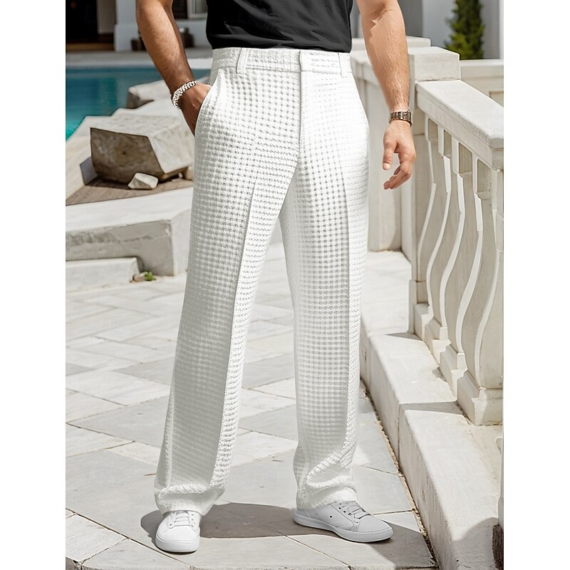 Men's Trousers Dress Pants Slacks Suit Pants Waffle Pants Front Pocket Straight Leg Plain Comfort Full Length Business Daily Holiday Fashion Chic & Modern Black White Stretchy - Main Image