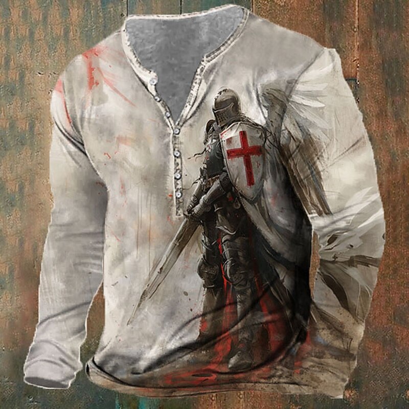 Men's Halloween Knights Templar Christian T Shirt Henley Shirt Long Sleeve 3D Print Designer Retro Vintage Street Casual Daily Summer Spring Fall White Khaki Henley Henley T-Shirt