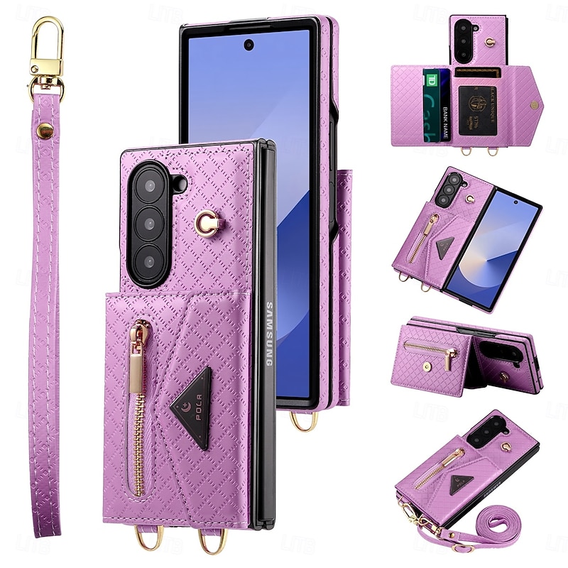 Phone Case For Samsung Galaxy Z Fold 6 Wallet Case with Stand Holder Zipper with Lanyard Retro Genuine Leather TPU2