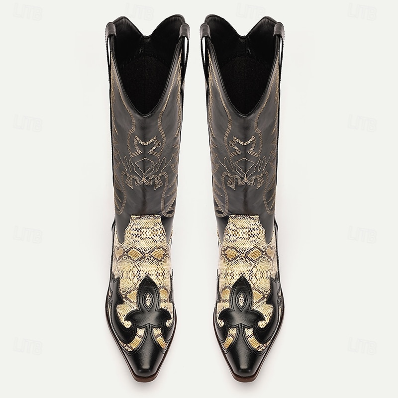 Men's Black and Snake Print Western Cowboy Boots - Exotic Leather with Intricate Embroidery for Rodeo and Casual Wear4