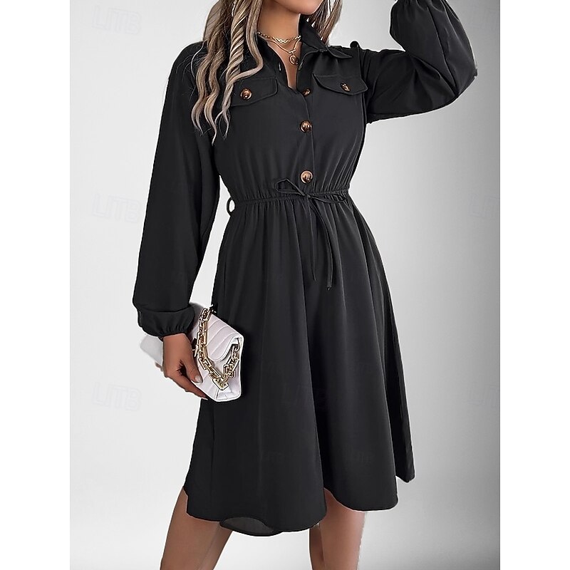 Women's Work Dress Satin A Line Dress Fashion Office Midi Dress Button Pocket Shirt Collar Long Sleeve Plain Regular Fit Black Wine Khaki Spring Fall S M L XL