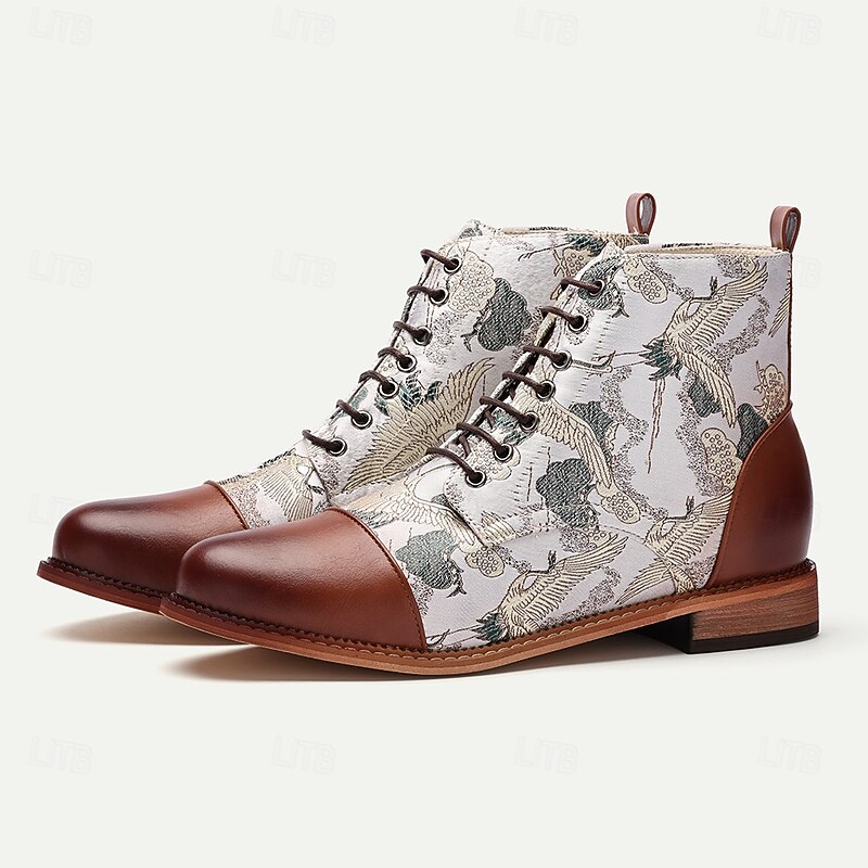 Men's Vintage Crane Print Lace-Up Boots – Faux Leather and Jacquard fabric Ankle Boots with Retro Style for Casual Wear3