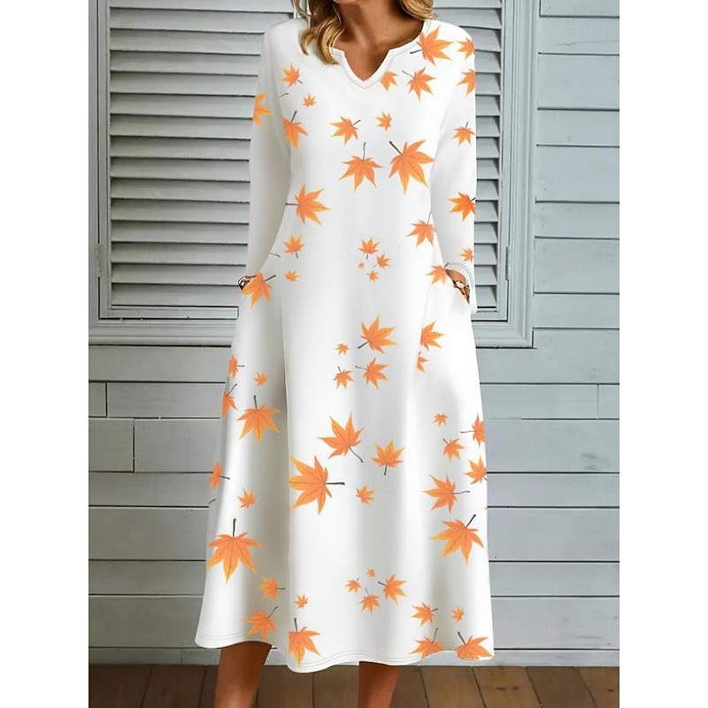 Women's Leaf Print V Neck Maxi Dress Long Sleeve Spring Fall